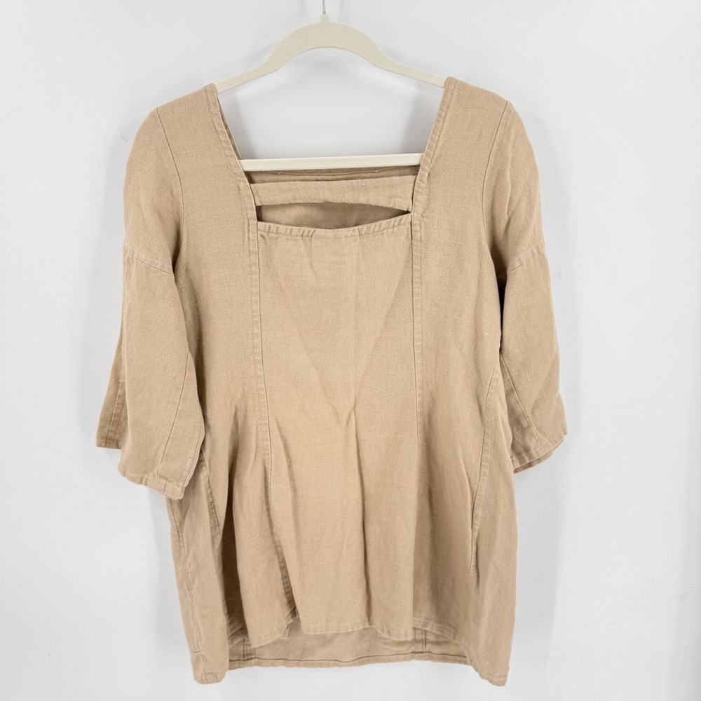 Vintage Finity Dress 100% Linen Tunic Top Square Neck Beige Pockets Size 8